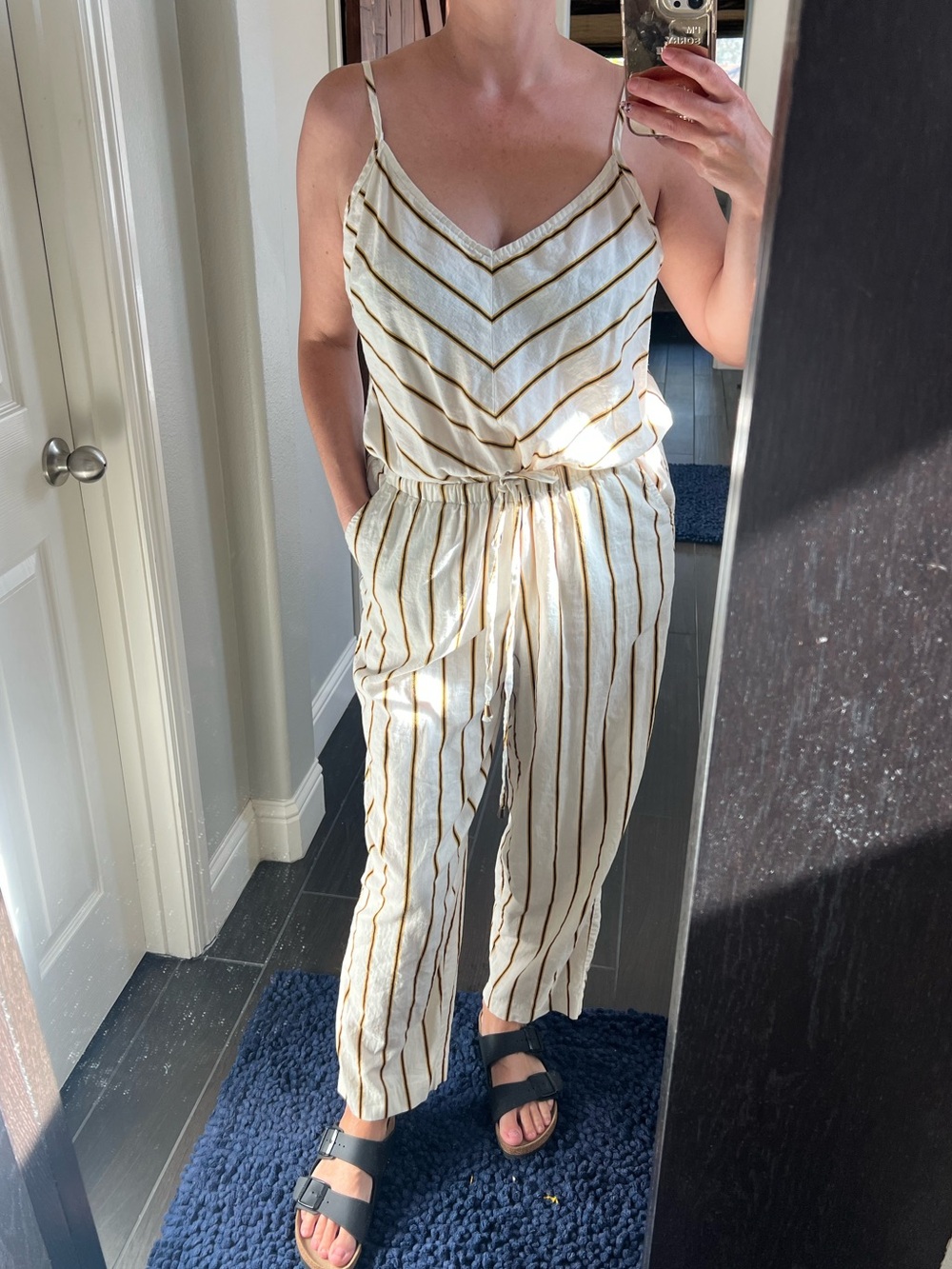Beige by eci Cream Jumpsuit with Yellow/ Black Stripes